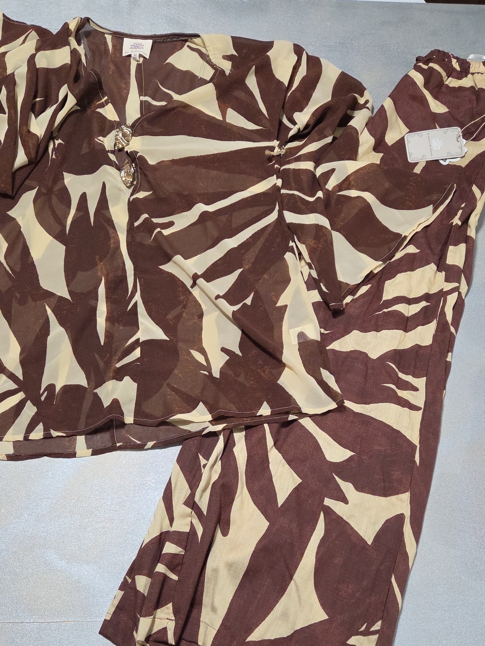 Wide-Leg Leaf Print Pants in Brown & Cream - Women Set NWTS